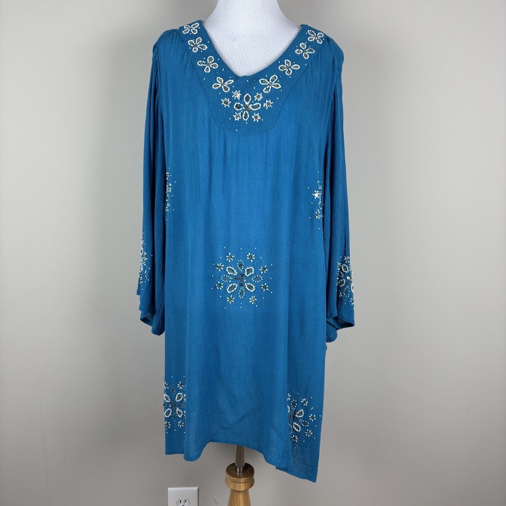 Phool Tunic Top Womens XL Blue Beaded Embellished 3/4 Sleeve Gauze Rayon Light